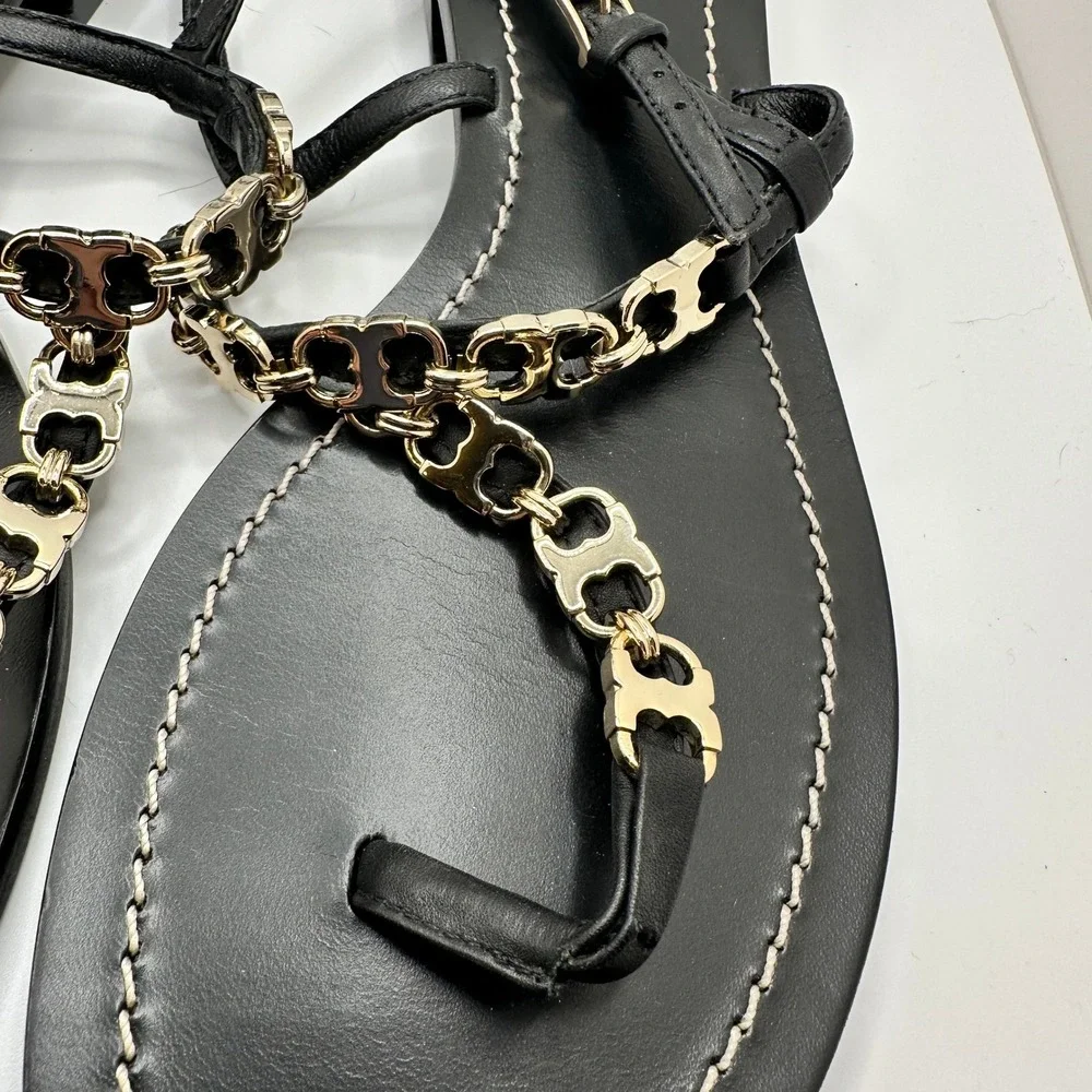 Tory‎ Burch Black Leather Gemini Chain Link Thong Sandals Gold Hardware Size 10M